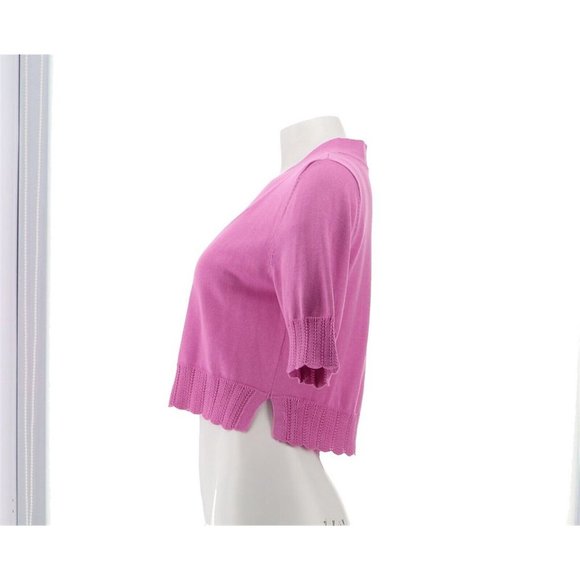 NWT ISAAC MIZRAHI SCALLOP TRIM OPEN FRONT CARDIGAN SWEATER AFRICAN ORCHID XXS - Picture 3 of 11